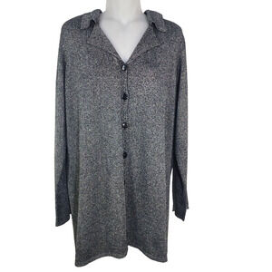 Susan Graver Style Cardigan Medium Silver Metallic Button Up Long Knit Sparkle